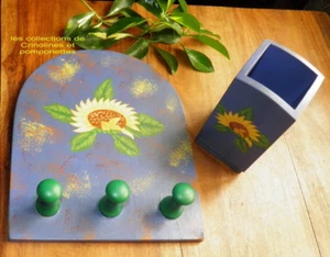 ACCROCHE TORCHONS PATERE PEINT A LA MAIN + POT ASSORTI  TOURNESOL  PROMO - Picture 1 of 2