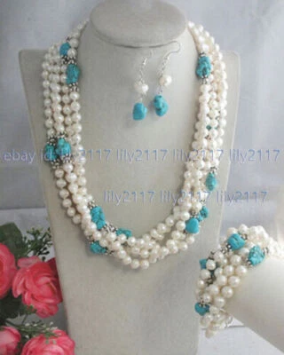 5 Rows Real Turquoise Natural Freshwater White Pearl Necklace Bracelet Set 18" - Image 1 of 3