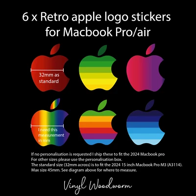 6 x Unique Old Retro Rainbow Logo Sticker For 11 12 13 Apple Macbook Air Pro M3 - Image 1 of 4
