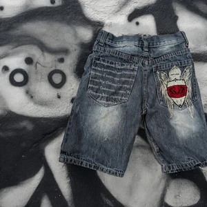 Fubu Jean Shorts Kids Size 6 Y2K Hip Hop Embroidered Jorts Carpenter Rap Logo - Picture 1 of 11