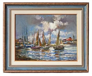 Original Framed Oil Painting Marine Sea Yachts Boats Seaside Sky Bay Ukraine Art - Picture 1 of 14