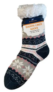Sherpa Lined Warm Cozy Slipper Socks Gripper Bottom | Charcoal Pink Wht ONE SIZE - Picture 1 of 5
