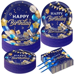 50 Guest Blue & Gold Birthday Party Plates Napkins & Tableware Set - 200 PCS - Picture 1 of 7