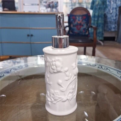 Set of 2 Embossed White Floral and Birds Cup & Soap Dispenser - Image 1 of 4