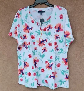 *NEW* Karen Scott Colorful Floral on White Top Henley Neck Short Sleeve - NWT - Picture 1 of 19