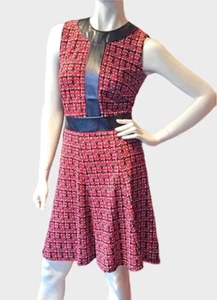Vestido J. McLaughlin Manhattan Talla Pequeña Rojo Negro Cuadros Cuero Vegano Borde Línea A - Imagen 1 de 8