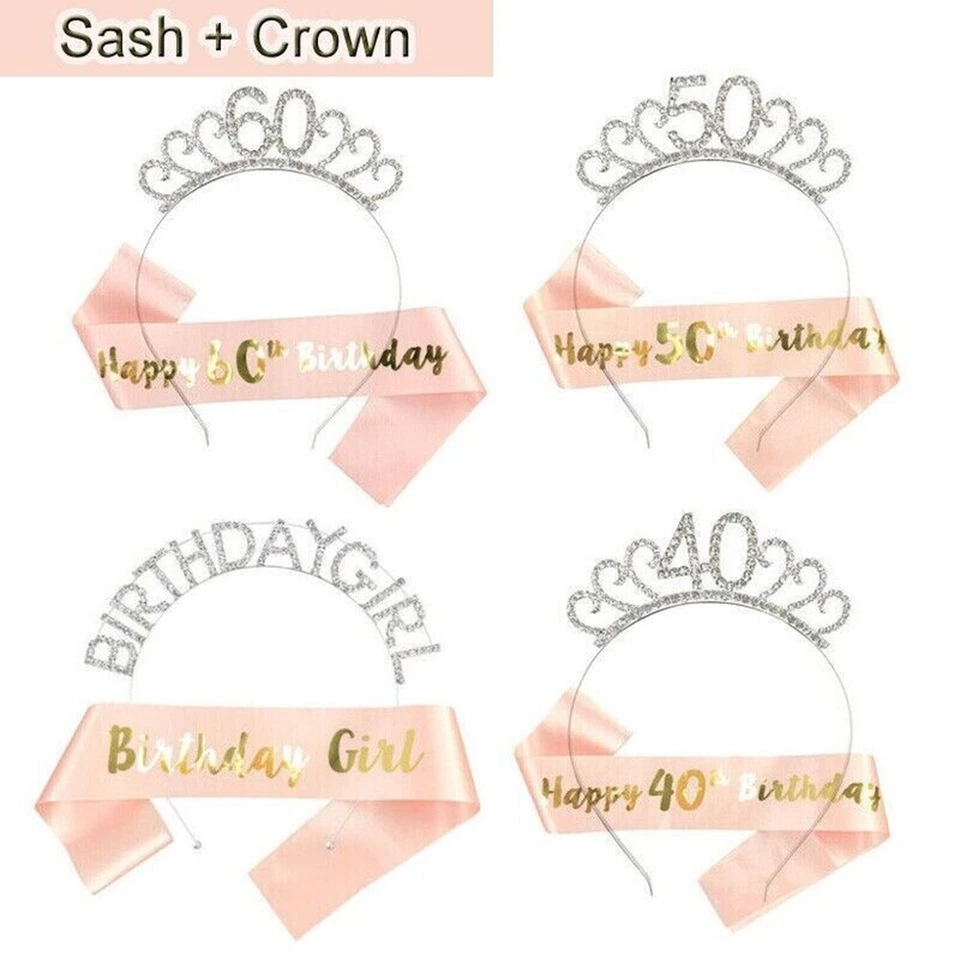 EHOME-MARKET Birthday Silver Rhinestone Tiara Crown Rose Gold Sash 18/21st/30/40th Party UK