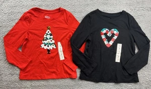 2x Cat & Jack Girls Medium (8) Long Sleeve Christmas Themed T-Shirt Black Red - Picture 1 of 7