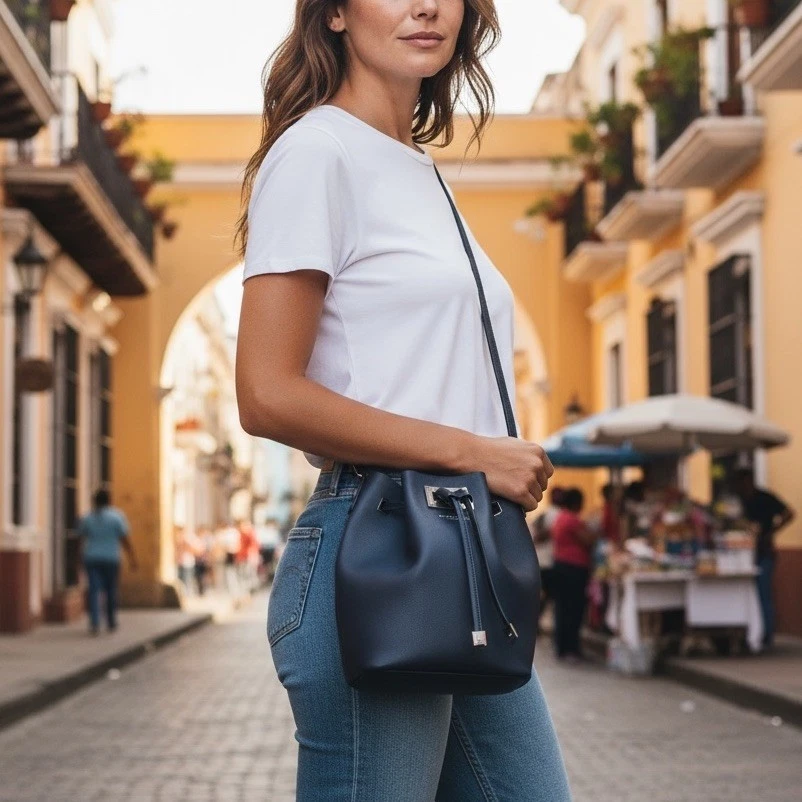Michael Kors Miranda Navy Blue Medium Drawstring Bucket Bag Crossbody Purse - Image 1 of 4