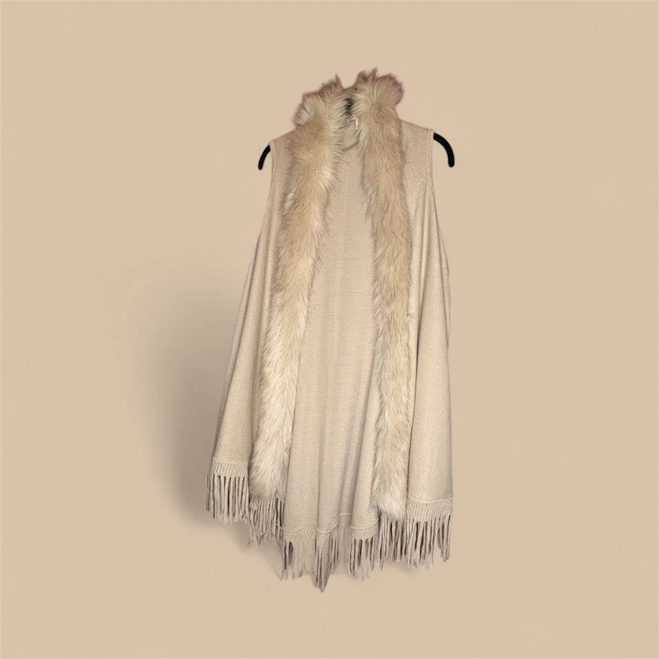 Cato 人造毛皮装饰条纹背心无袖开衫掸子米色 L — 第 1/4 张图片