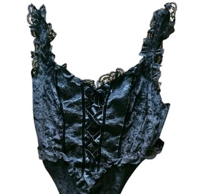 RARE Vtg Victoria’s Secret Bodysuit S Black Velvet Lace Corset Teddy 90s Y2K - Picture 1 of 6