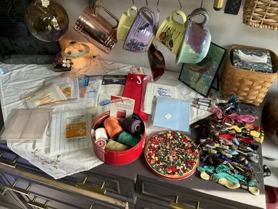 Vintage Estate Lot Needlepoint Cross Stitch Fabric Embroidery Supplies - Image 1 of 4