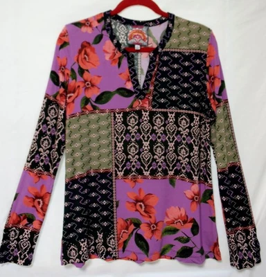 Johnny Was Rayon Spandx Jersey Top Long Sleeve Tee Split Neck Floral Patchwork-S - Image 1 of 4