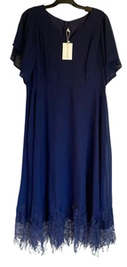 BNWT FlyCurvy Chiffon Lace Evening Dress 2XL 20 Short Flutter Sleeve V-Neck Blue - Picture 1 of 17
