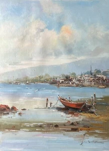 Beach, Boats ,Ocean,Original Oil Painting by Jason, 70 x 50 cm - Bild 1 von 5