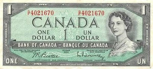 Canada  $1  1954 / 1961  P 75b  Series G/F  Plate # 176  Circulated Banknote C11 - Picture 1 of 2