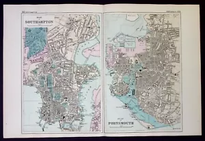 SOUTHAMPTON, PORTSMOUTH PLAN, original antike Atlaskarte, EISENBAHNEN, Speck, 1890 - Bild 1 von 3