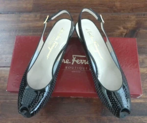 SALVATORE FERRAGAMO BLACK PATENT LEATHER PEEP TOE SLINGBACK SHOES SIZE 7 1/2 AA - Picture 1 of 14