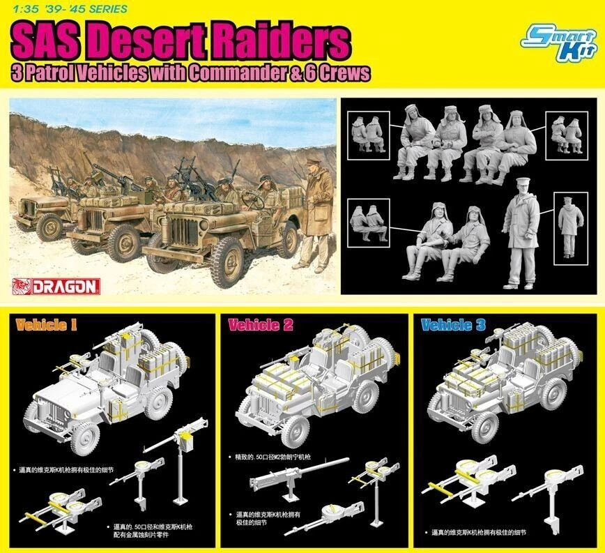 DRAGON 6931 1/35 SAS Desert Raiders 3 Patrol Vehicles with Commander & 6 Crews - Image 1 of 2