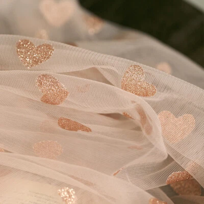 1m Long Glitter Heart Pattern Mesh Sheer Fabric DIY Dressmaking Costume Curtain - Image 1 of 4
