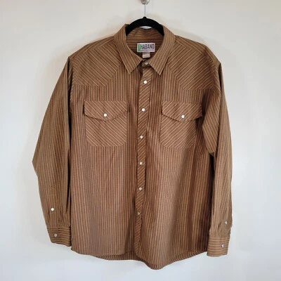 Haband Mens Long Sleeve Western Pearl Snap Brown Striped Shirt #15Y No Size - Image 1 of 4