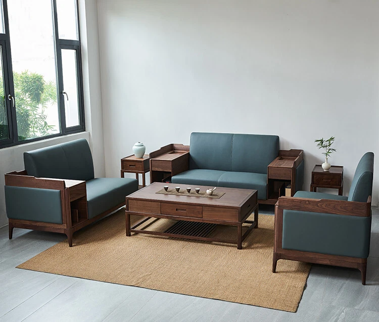 New Chinese Style Black Walnut Wood Sofa Set with Coffee Table and End Table - Image 1 of 1