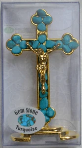 Standing 75mm TURQUOISE Gem Stone Crucifix, Gold Tone - Picture 1 of 1