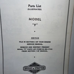 Vintage Briggs Stratton Illustrated Parts List Models Y - Picture 1 of 2