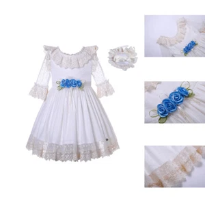 Flower Girls White Lace Dress Princess Classic Dress Blue Flower Sash + Heaband - Picture 1 of 13