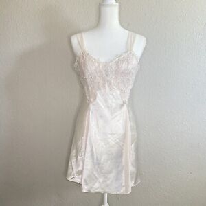 Vintage 90s Dentelle Embroidered Lace Slip Chemise Nightgown Ivory Satin Sz S