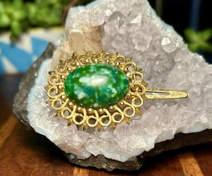 Vintage Hair Accessories Gold Barrette Green Stone Retro Fashion Jewelry - Picture 1 of 7