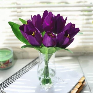 Multicolor Silk Tulips Centerpiece Artificial Flower in Glass Vase w/ Faux Water - Picture 1 of 21