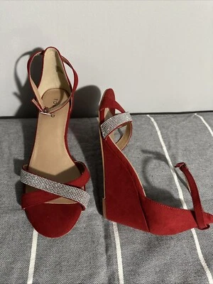 Torrid Red Faux Suede Cross Rhinestone Wedge Size 9 W Ankle Strap Open Toe - Image 1 of 4