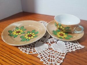 Miniature Porcelain Cup, Saucer and Plate Brown with Yellow Daisy pattern 
