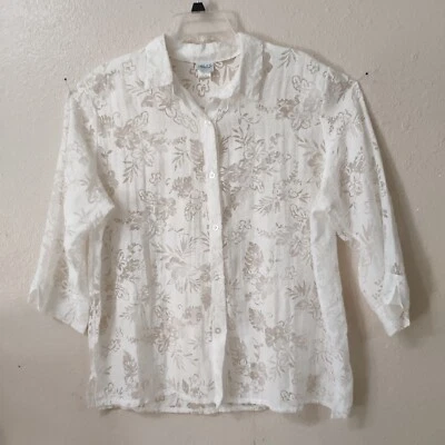 Camisa Haband Mujer Talla XL Blanca Transparente Floral Abotonada Manga 3/4 Blusa J431 Foto 1 de 4