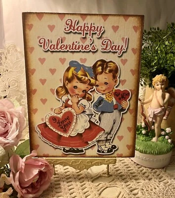 Happy Valentine's Day, Kitschy RETRO Print, Artist Canvas Board Sign