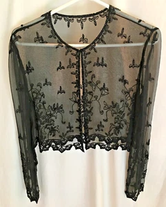 WOMENS Vintage black sequin Beaded SHEER Evening BOLERO JACKET CROP SIZE XS 34" - Picture 1 of 5