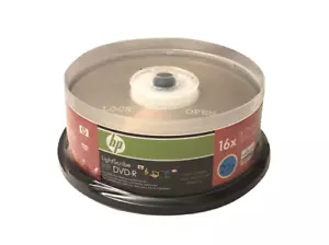 HP 25-pk LightScribe DVD-R 16X 4.7GB 120 MINS Cakebox for custom-burned DVDs! - Picture 1 of 3