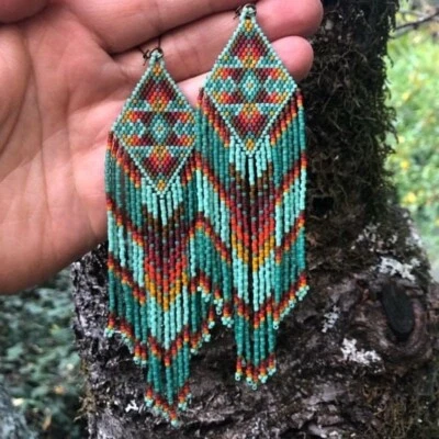 Серьги племенные индейские большие богемные американские бусины ручной работы серьги - Изображение 1 из 4