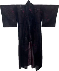 Japanese See-Through Silk Kimono with Crimson Bamboo Motif, Vintage Handmade - Picture 1 of 5