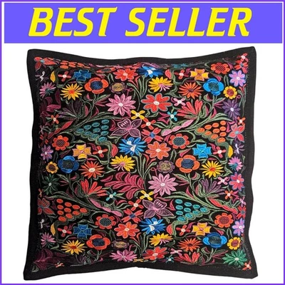 Funda de Almohada Negra Única 20"x20" con Bordado Floral Chiapas - Decoración Informal Foto 1 de 4