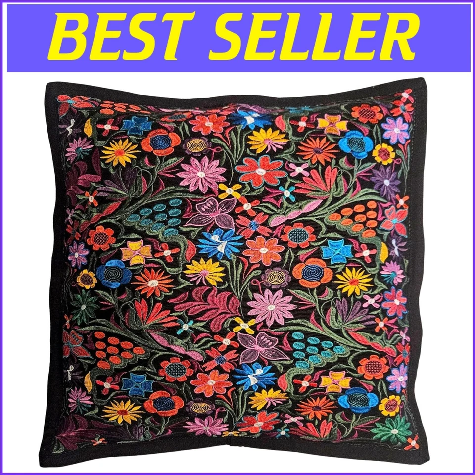 Funda de Almohada Negra Única 20"x20" con Bordado Floral Chiapas - Decoración Informal Foto 1 de 4