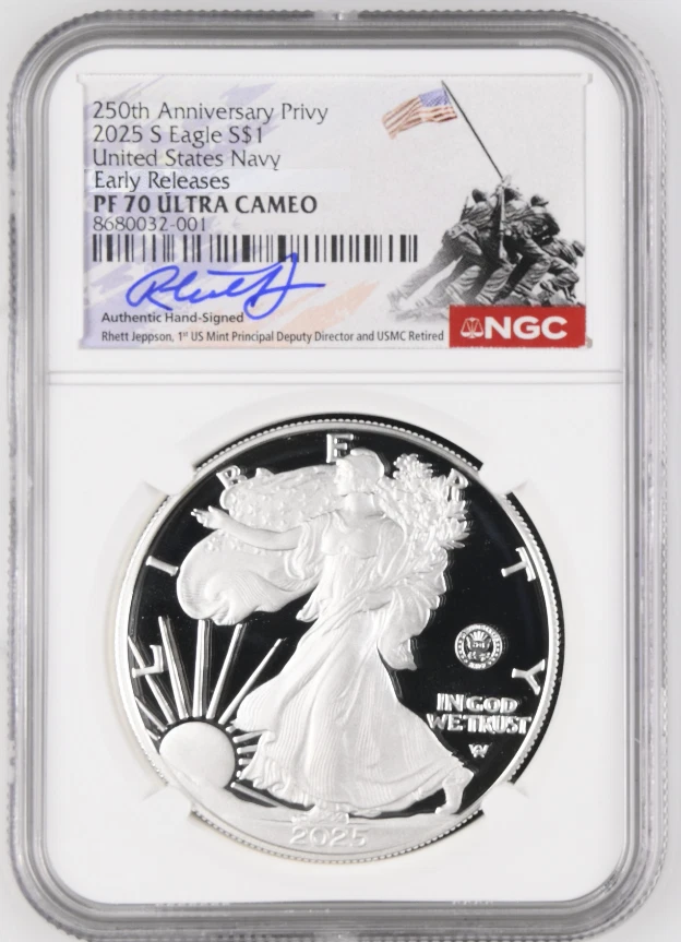 2025 S $1 250th NAVY US  Privy Silver Eagle NGC PF70 ER Rhett Signed - PRESALE - Image 1 of 1