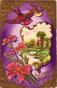 Postal vintage de flores de pájaros en relieve con paisaje escénico 1910 Berna Kansas - Imagen 1 de 2