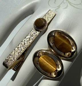 Cuff Links/Tie Clip Set with Tiger's Eye Inlay Gold Tone Vintage Men's Jewelry - Picture 1 of 9