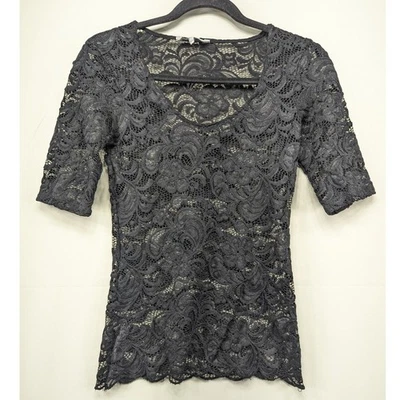 BKE Womens Top XS Black Lace Floral Elbow Sleeve V Neck Semi Sheer - Image 1 of 4