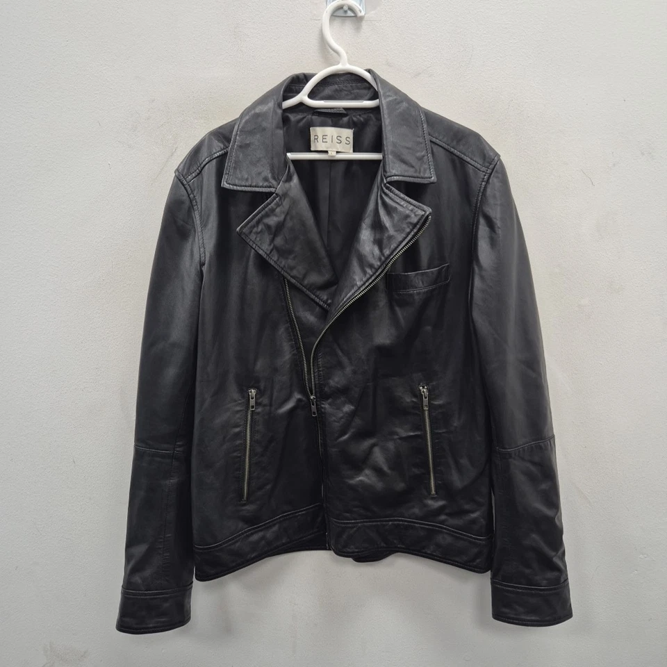 Reiss Brando Black Soft Leather Motorcycle Punk Biker Racer Jacket Size Large - Image 1 of 4
