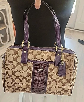 Coach F24884 Signature Stripe Python Snake Zip Satchel Khaki/Raspberry SEE - Image 1 of 4
