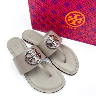 Tory Burch Benton Band Flat Sandals Gray Leather Thong Slide Silver Logo Sz 6.5 - Image 1 of 4