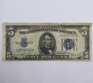 1934 D $ 5 Five Dollar Blue Seal Note Its Ripped & Error On The Cut S 05706763 A - Picture 1 of 2